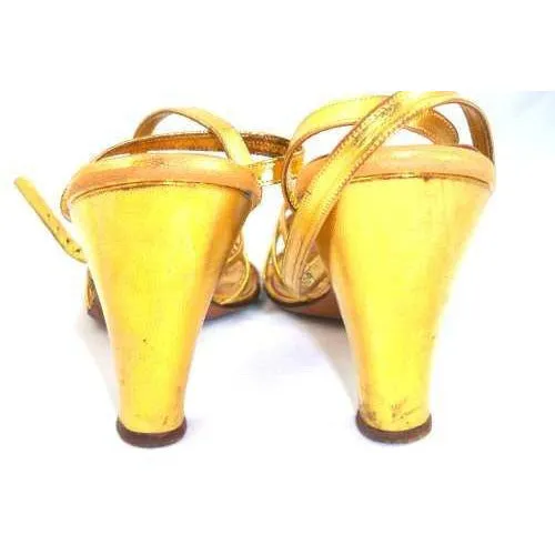 Vintage Gold Leather Sandals Ankle Strap 1940S BonWit Teller Fifth Ave Sz 7