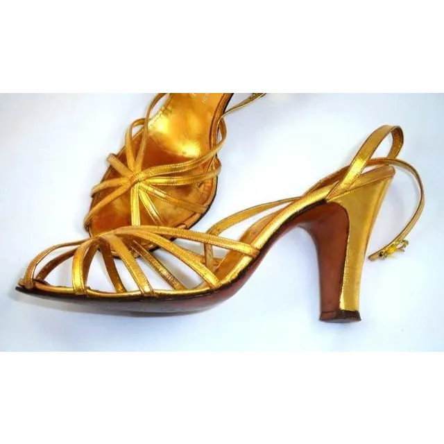 Vintage Gold Leather Sandals Ankle Strap 1940S BonWit Teller Fifth Ave Sz 7