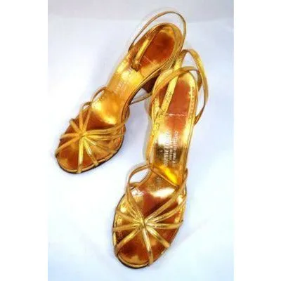 Vintage Gold Leather Sandals Ankle Strap 1940S BonWit Teller Fifth Ave Sz 7