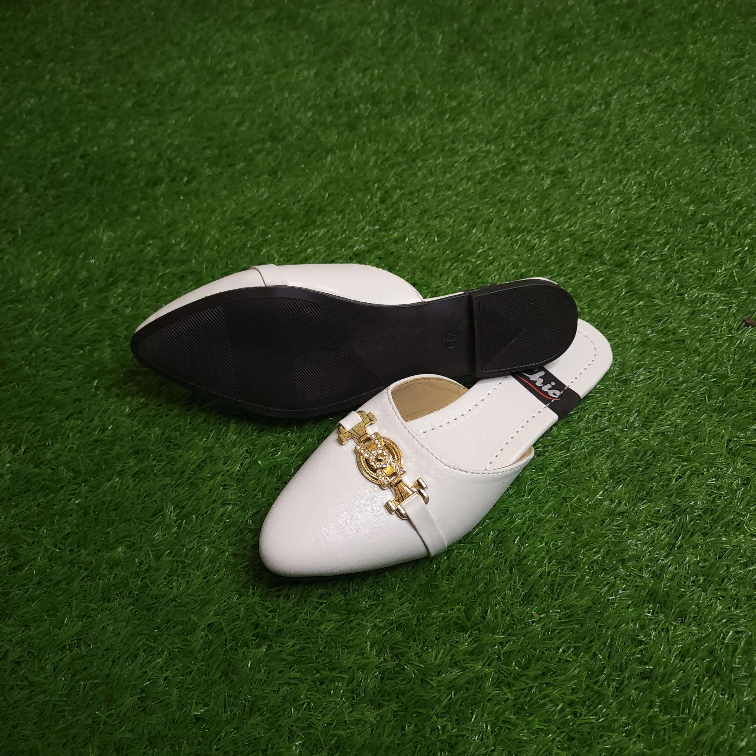 White Buckle Mules In Flat Sole