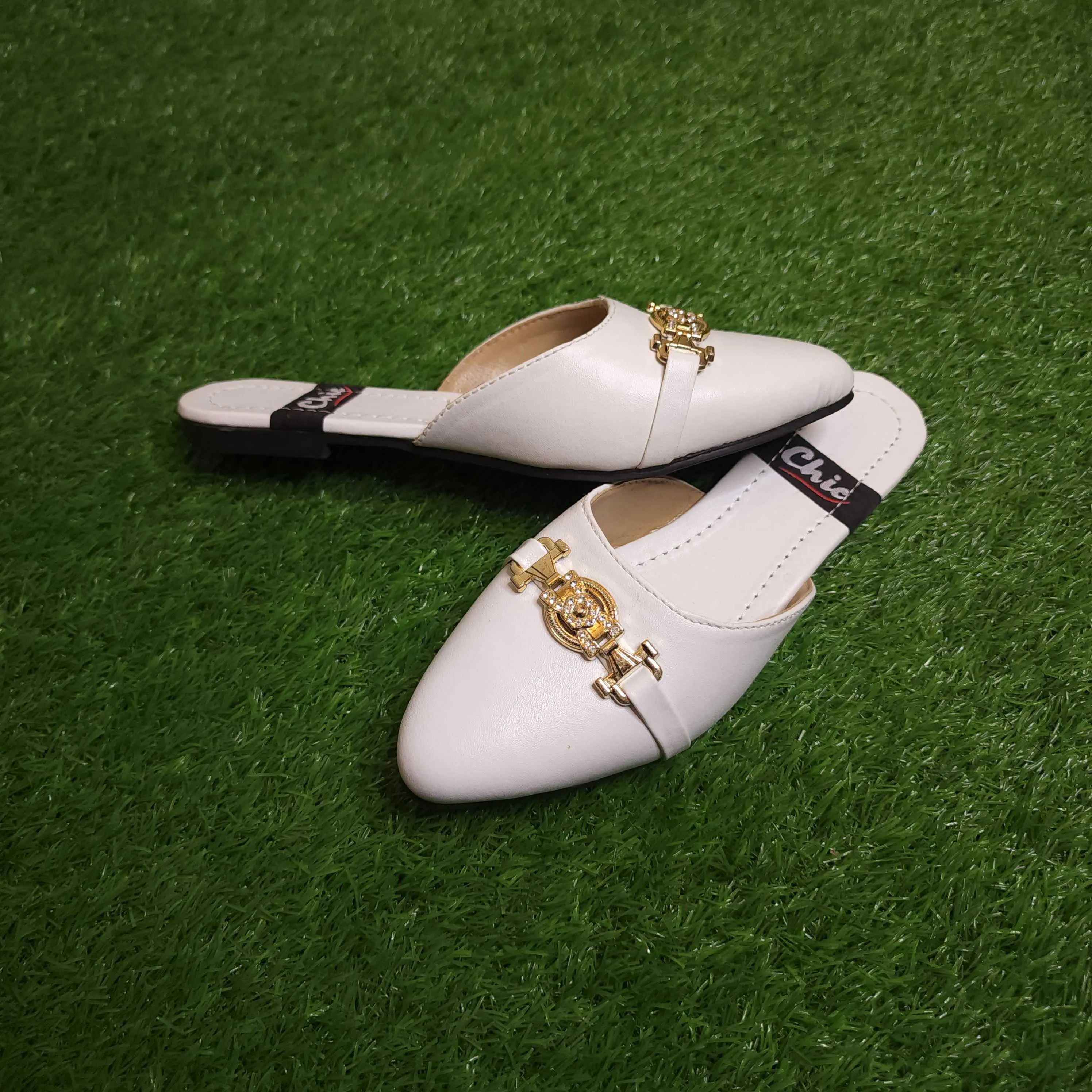 White Buckle Mules In Flat Sole