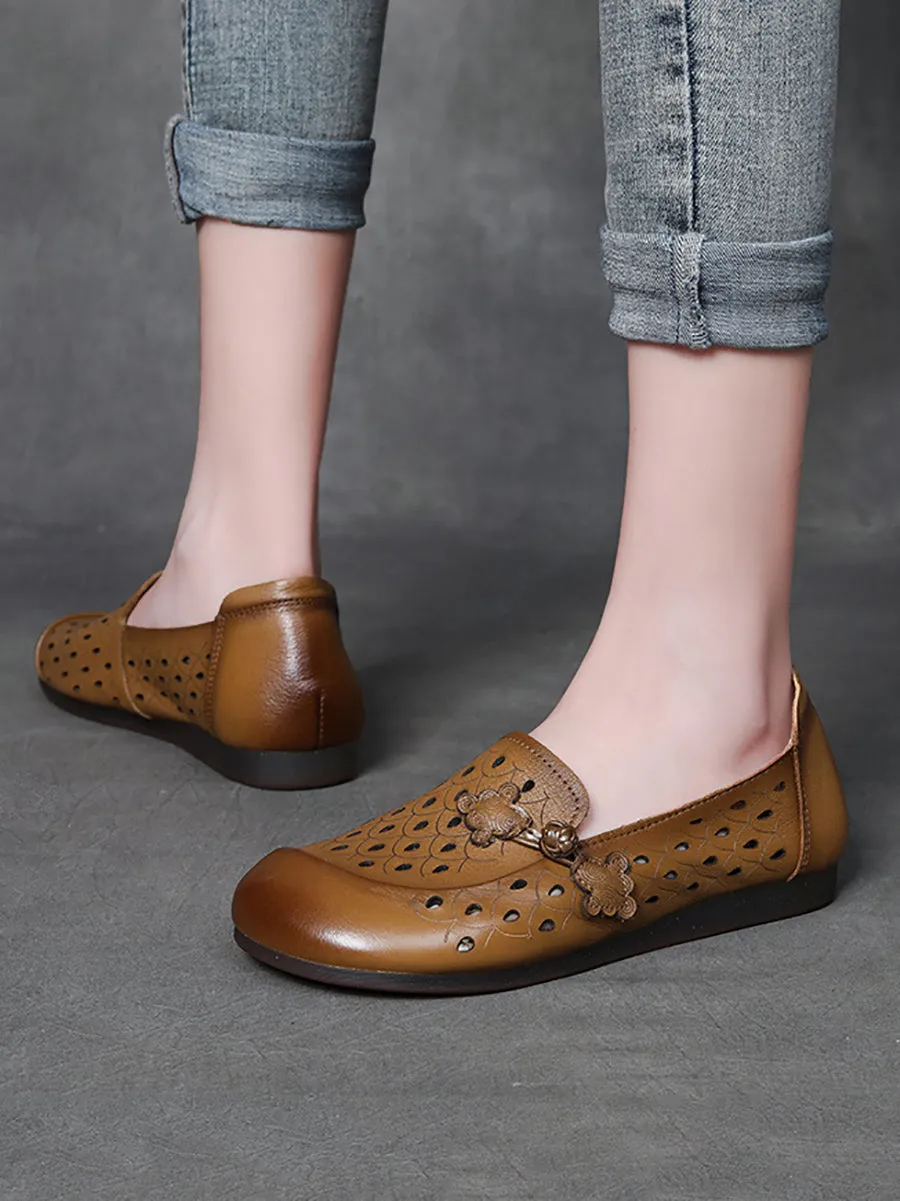 Women Summer Vintage Solid Leather Cutout Flat Shoes FG1004