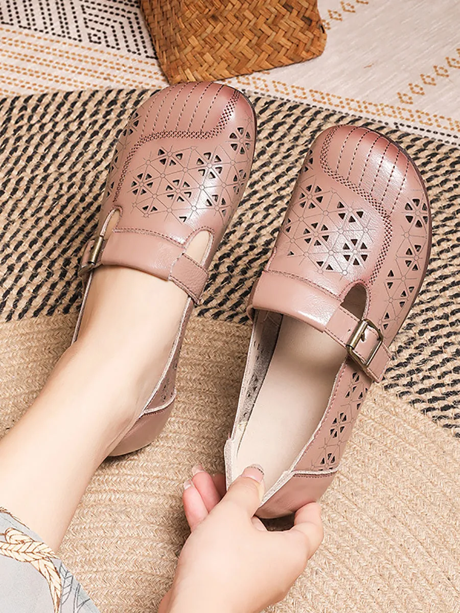 Women Vintage Leather Cutout Soft Flat Shoes AS1019