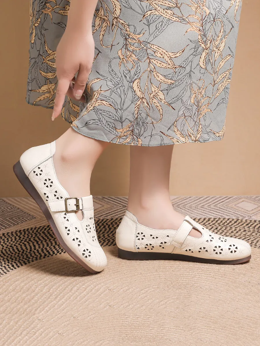 Women Vintage Leather Cutout Soft Flat Shoes AS1019