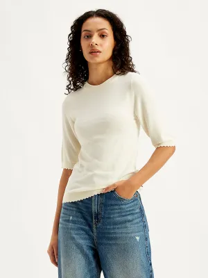 Women's Solid White Crew Neck Sweater