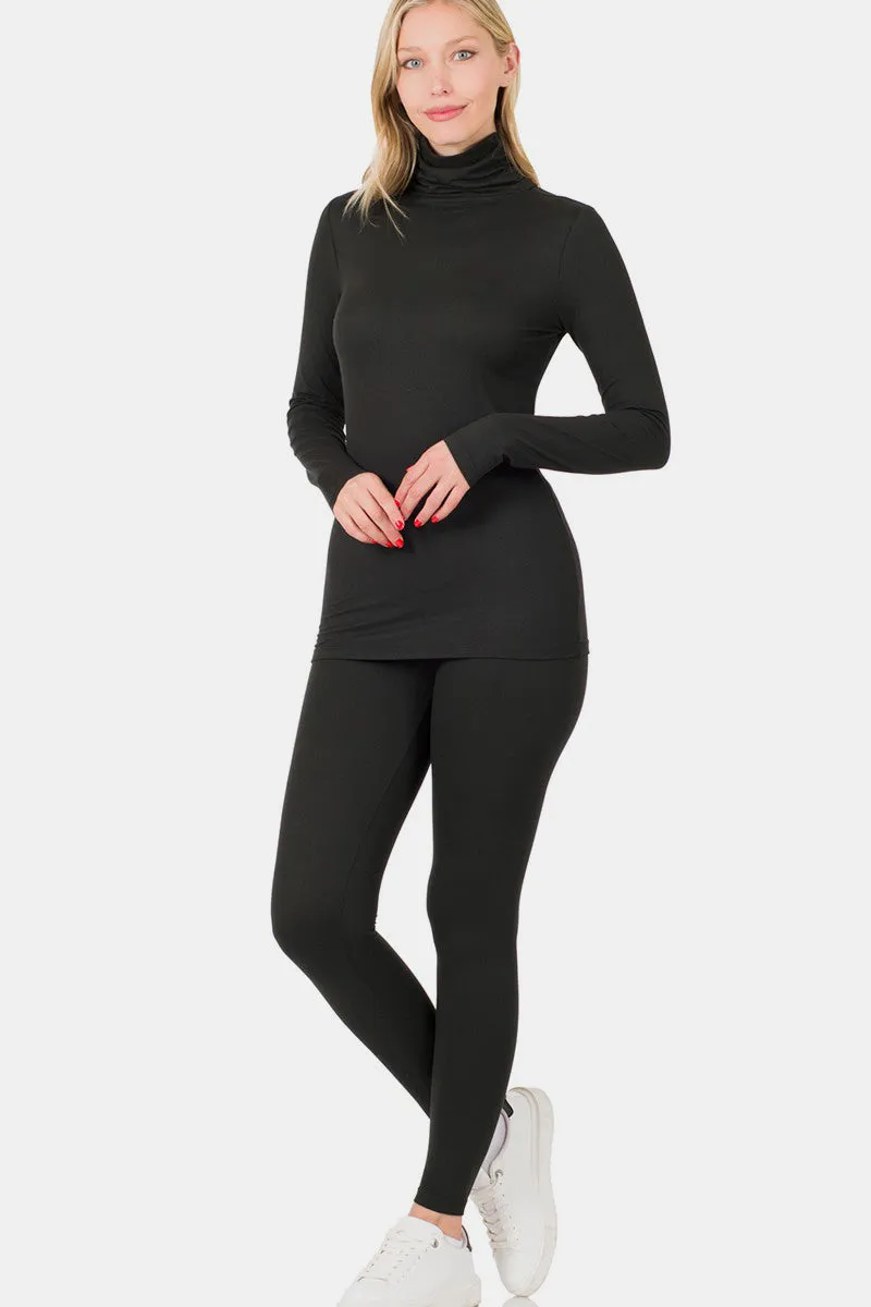 Zenana Black Turtleneck Top and Leggings Lounge Set