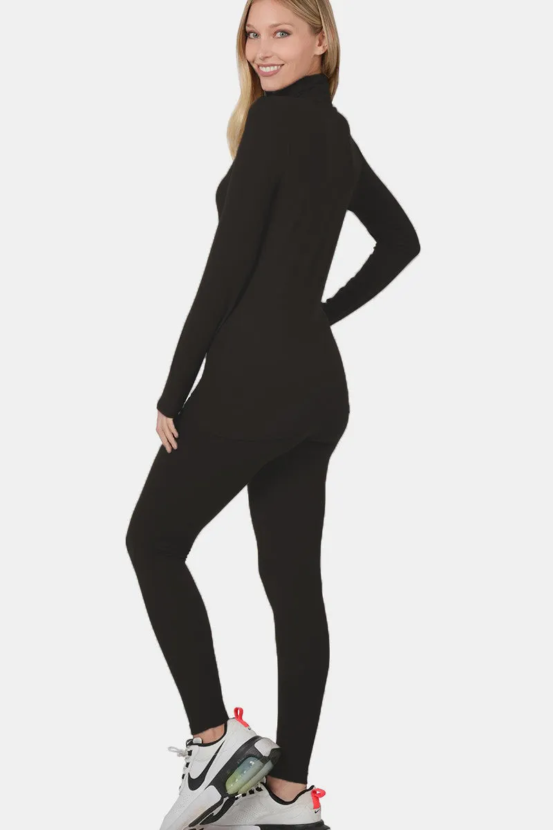 Zenana Black Turtleneck Top and Leggings Lounge Set