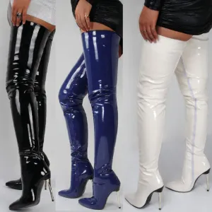 Zipper Patent Stiletto Thigh Length Boots in Black, Blue, and White